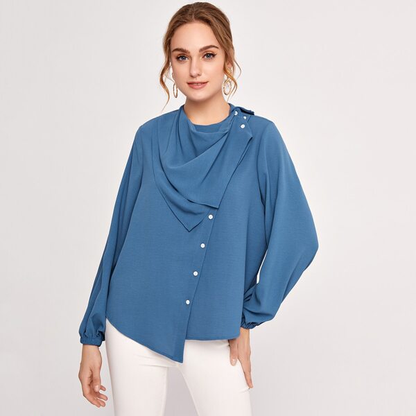 

Lantern Sleeve Draped Detail Asymmetrical Hem Blouse, Blue