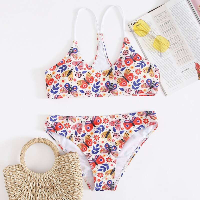 

Butterfly Print Cami Bikini Swimsuit, Multicolor