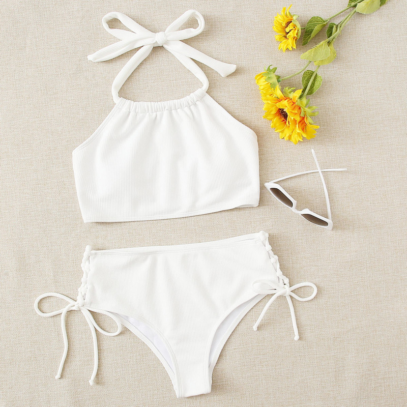 

Ribbed Lace-up Side Bikini Swimsuit, White