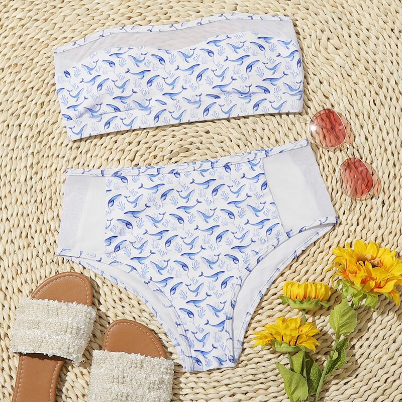 

Contrast Mesh Dolphin High Waist Bikini Swimsuit, Blue and white