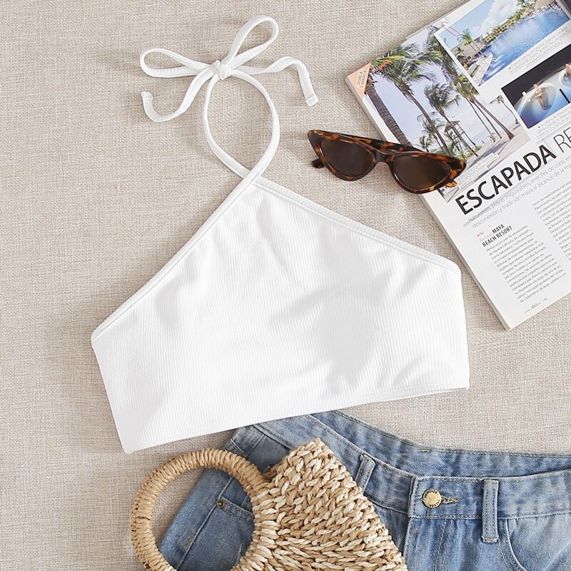 

Ribbed Halter Bikini Top, White