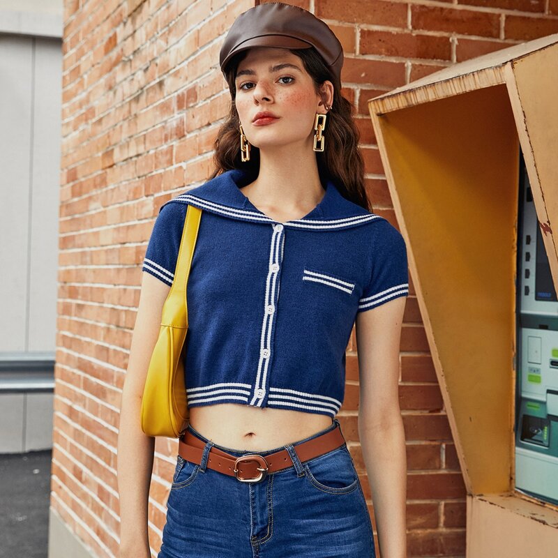 

Sailor Collar Single Breasted Striped Trim Cardigan, Navy blue