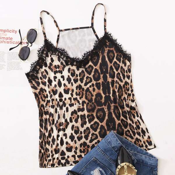 

Plus Lace Panel Leopard Cami Top, Multicolor