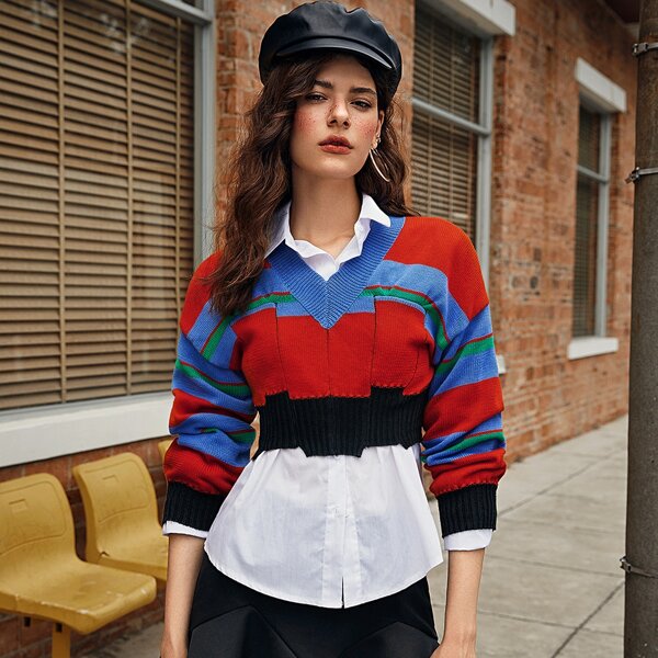 

Drop Shoulder Asymmetrical Hem Colorblock Sweater, Multicolor