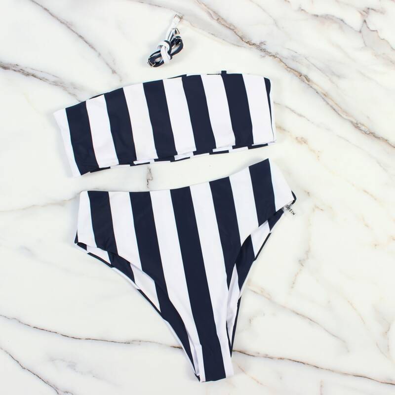 

Striped Bandeau High Waisted Bikini Swimsuit, Black and white
