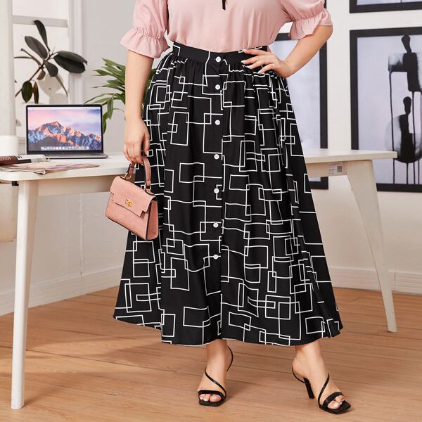 

Plus Button Front Geo Print Maxi Skirt, Black