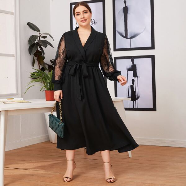 

Plus Lace Bishop Sleeve Belted Dress, Black
