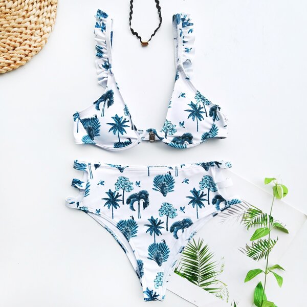 

Plant Print Frill Underwire Bikini Swimsuit, Multicolor