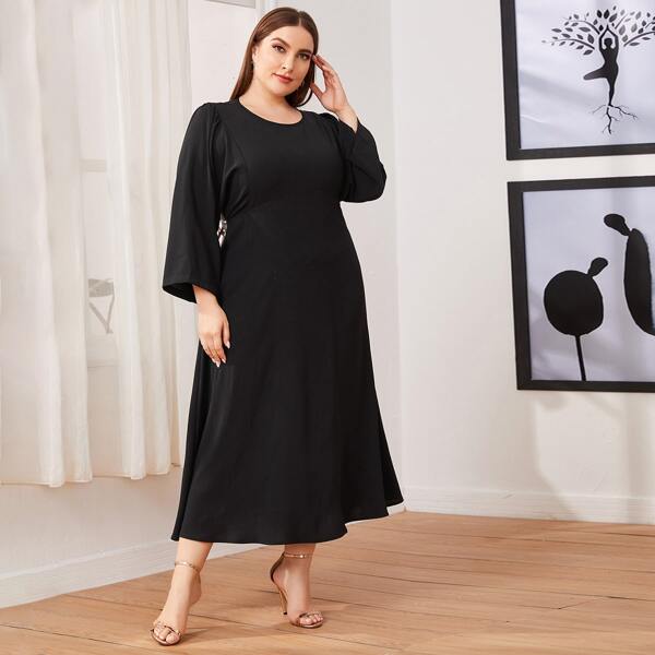 

Plus Zipper Fly Back Solid Dress, Black
