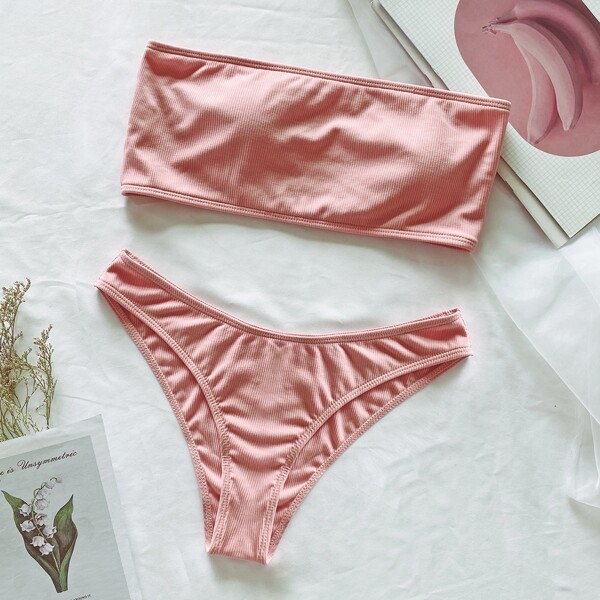 

Rib Bandeau Bikini Swimsuit, Pastel baby pink