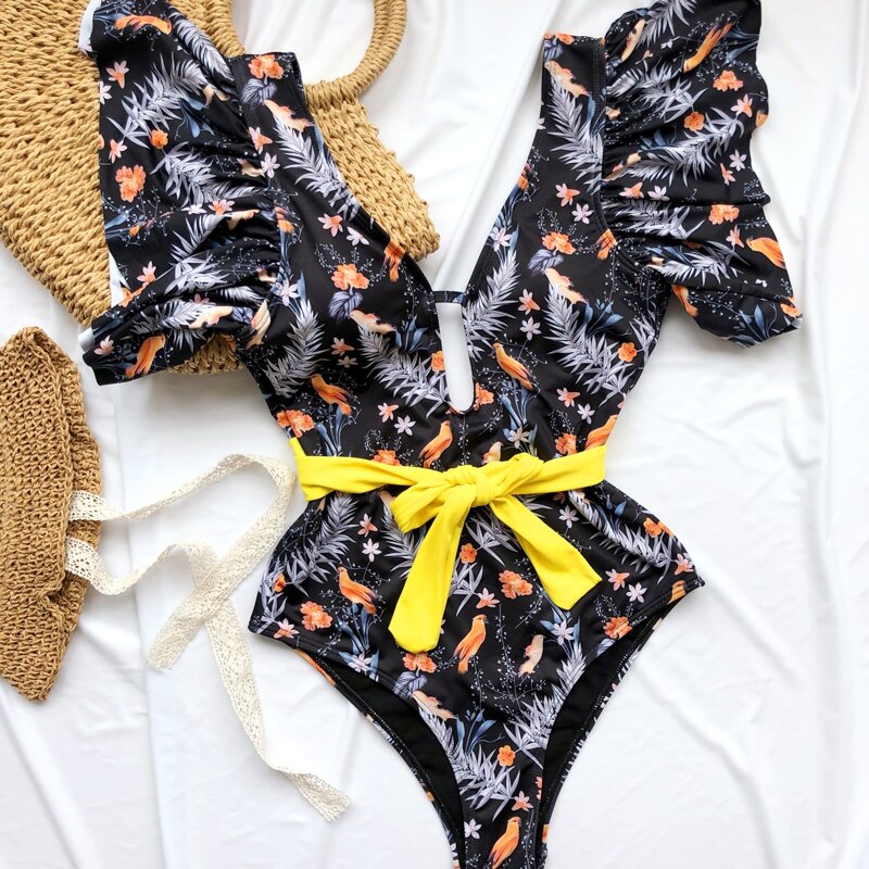 

Plant & Bird Print Ruffle Tie Front One Piece Swimsuit, Multicolor