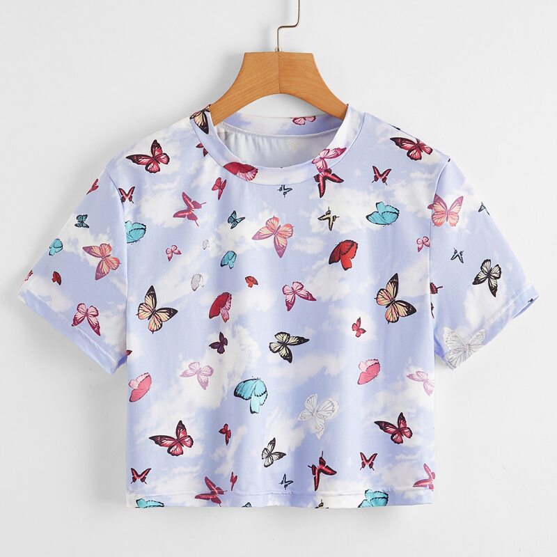 

Butterfly Print Crop Tee, Multicolor