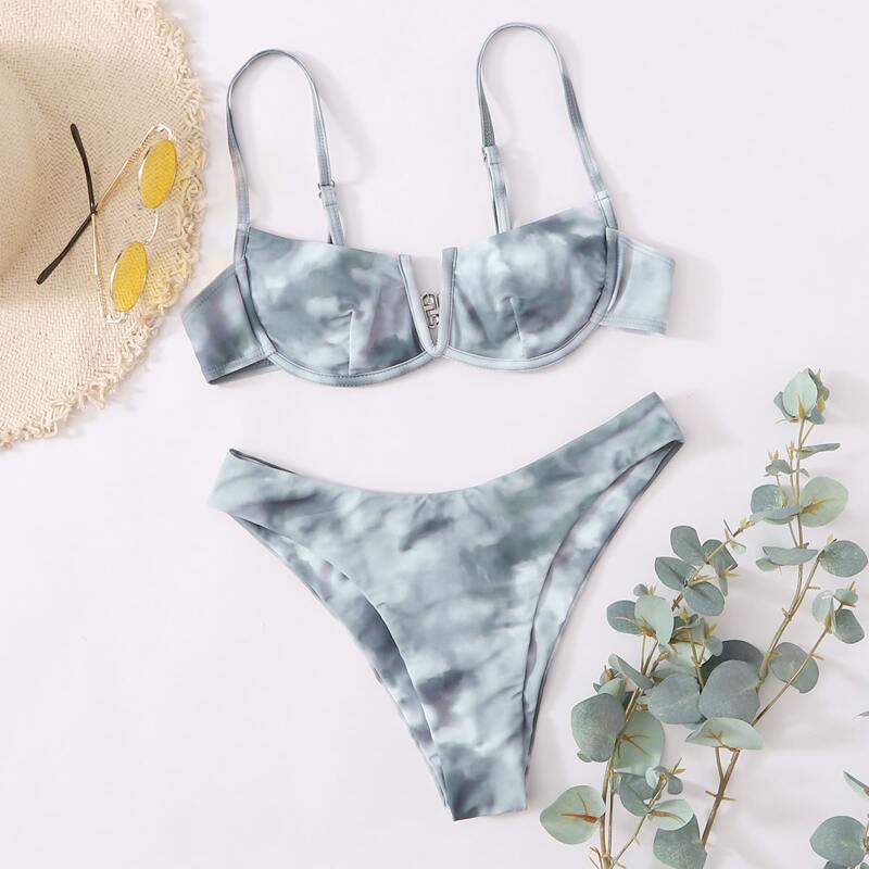 

Tie Dye Underwire High Leg Bikini Swimsuit, Grey