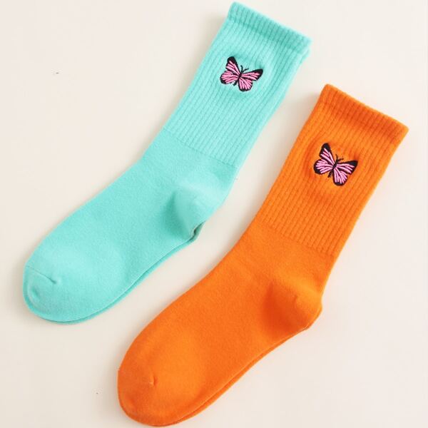 

2pairs Butterfly Embroidered Socks, Multicolor