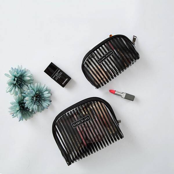 

2pcs Clear Striped Toiletries Storage Bag, Black