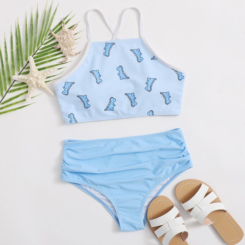 

Dinosaur Print Lace-up Bikini Swimsuit, Pastel baby blue