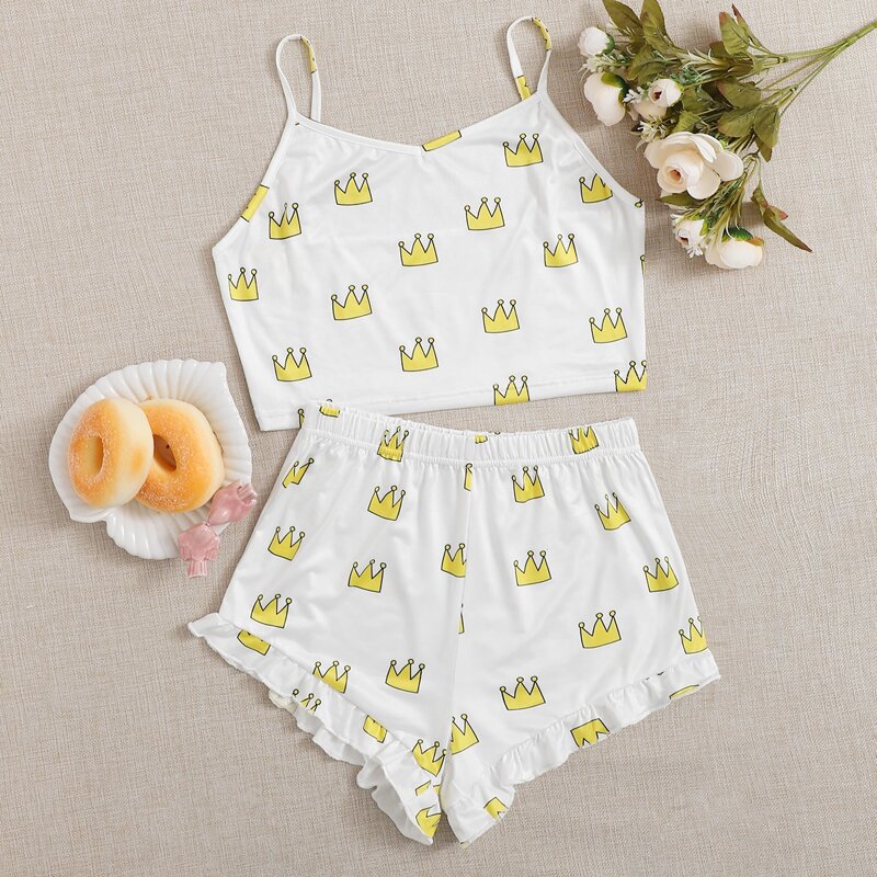 

Crown Print Frill Shorts PJ Set, White