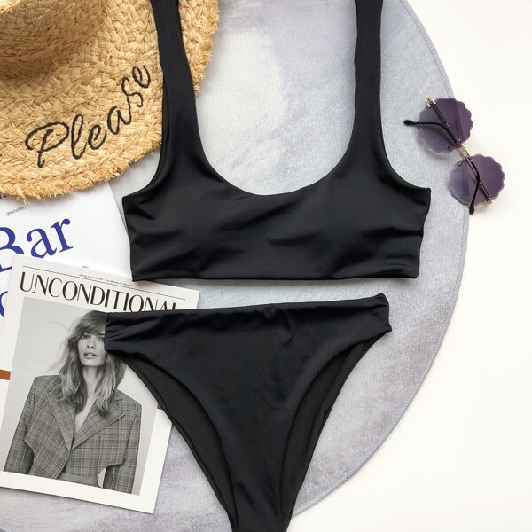 

Scoop Neck High Waisted Bikini Swimsuit, Black