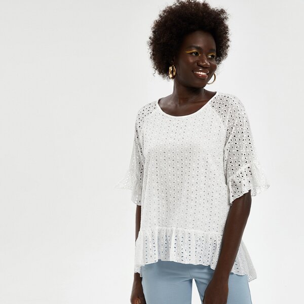 

Eyelet Embroidery Flounce Sleeve Peplum Blouse, White