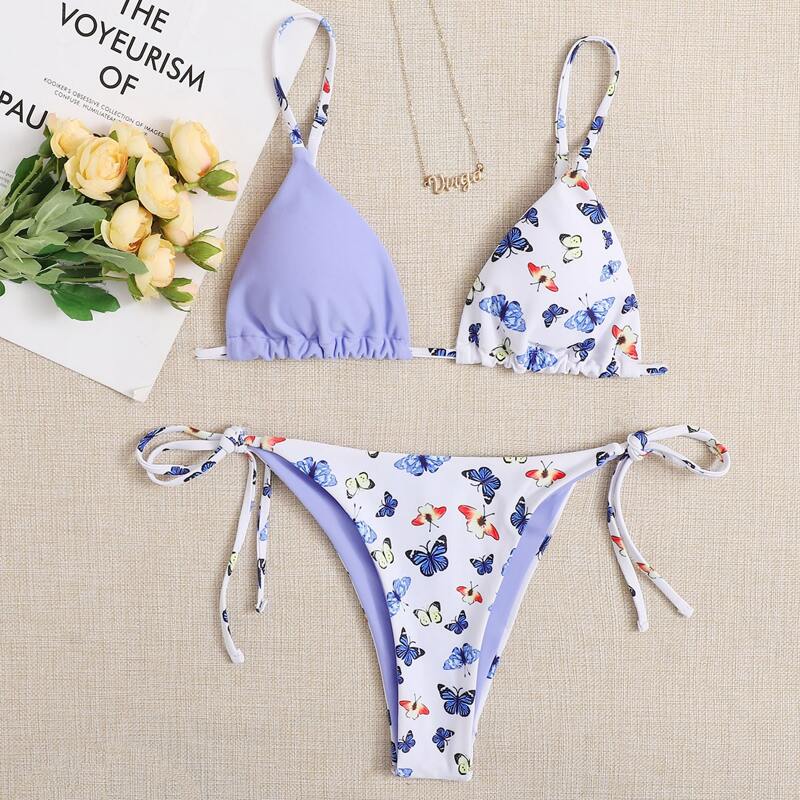 

Butterfly Triangle Tie Side Bikini Swimsuit, Multicolor