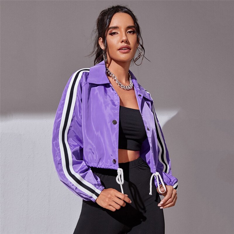 

Drawstring Hem Striped Tape Detail Wind Jacket, Bright violet purple