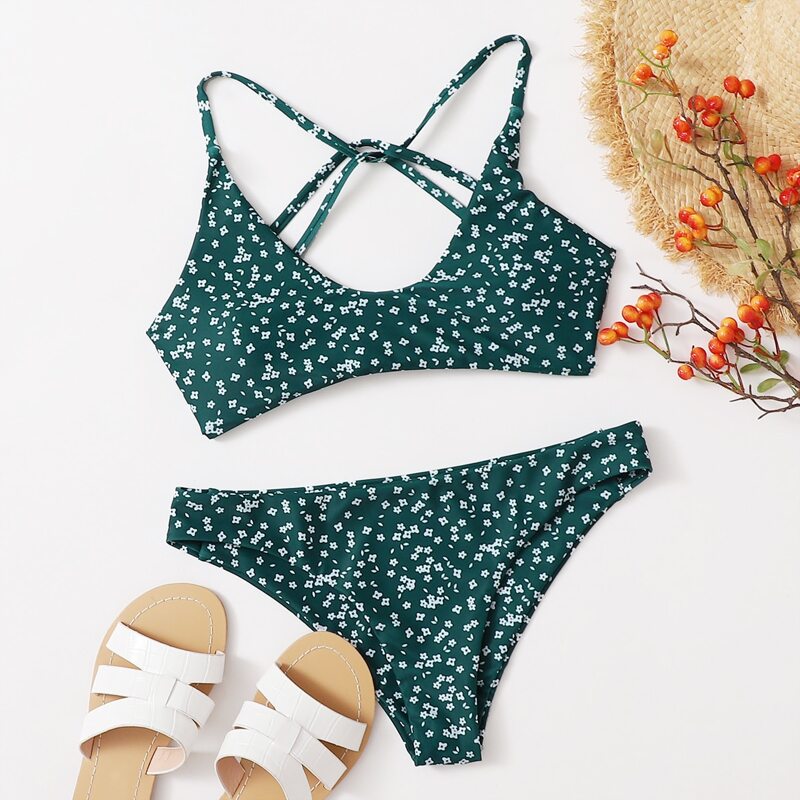 

Ditsy Floral Crisscross Bikini Swimsuit, Dark green