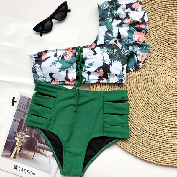 Plant Print Ruffle One Shoulder Bikini Swimsuit, Multicolor