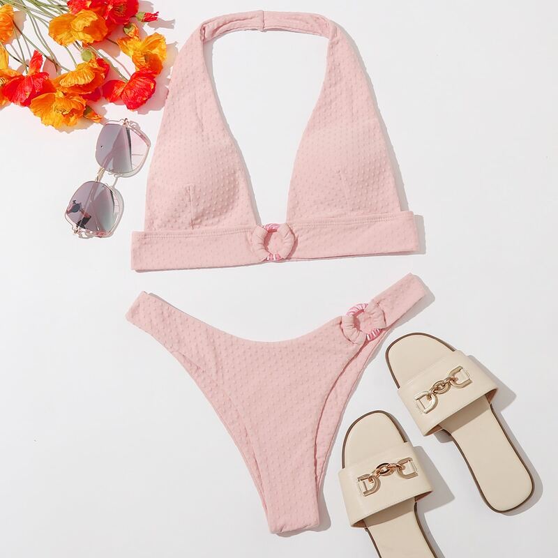 

Ring Linked Halter High Leg Bikini Swimsuit, Pastel baby pink