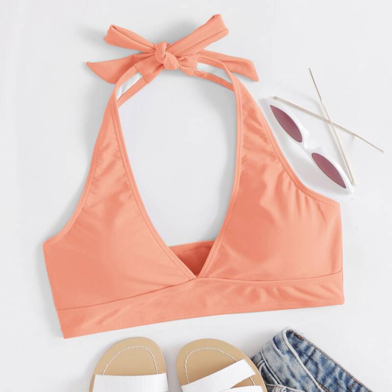 

Solid Halter Bikini Top, Coral orange