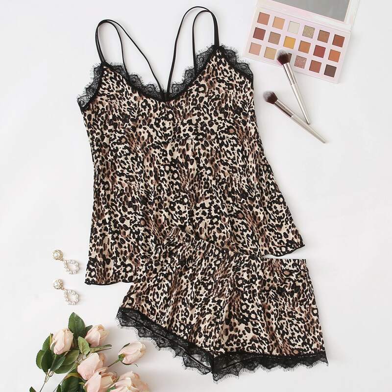 

Leopard Lace Trim Cami PJ Set, Multicolor