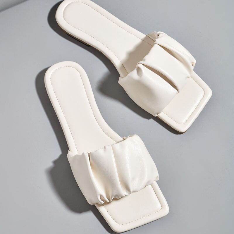 

Open Toe Ruched Slide Sandals, Beige