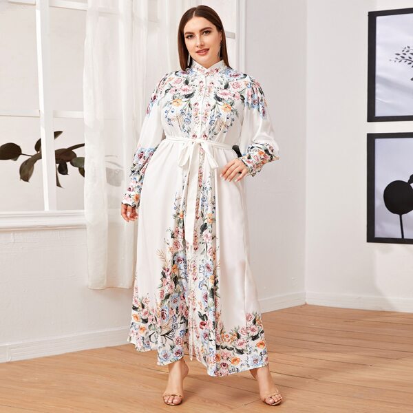 

Plus Lantern Sleeve Floral Print Belted Shirt Dress, White