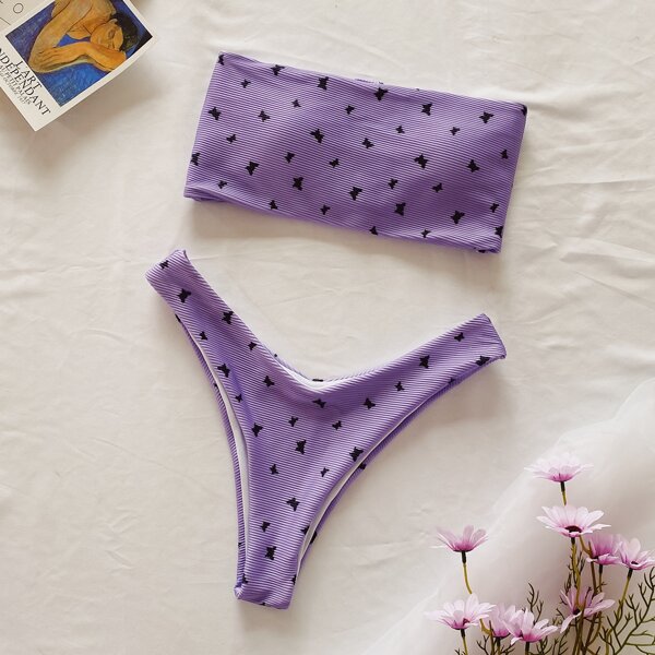 

Butterfly Print Rib Bandeau High Cut Bikini Swimsuit, Purple
