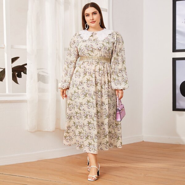 

Plus Floral Statement Collar Lantern Sleeve Dress, Multicolor
