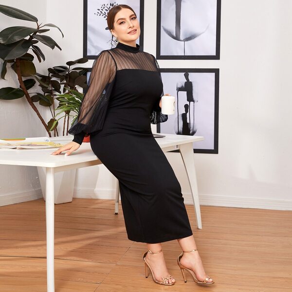 

Plus Sheer Mesh Yoke Lantern Sleeve Split Hem Dress, Black