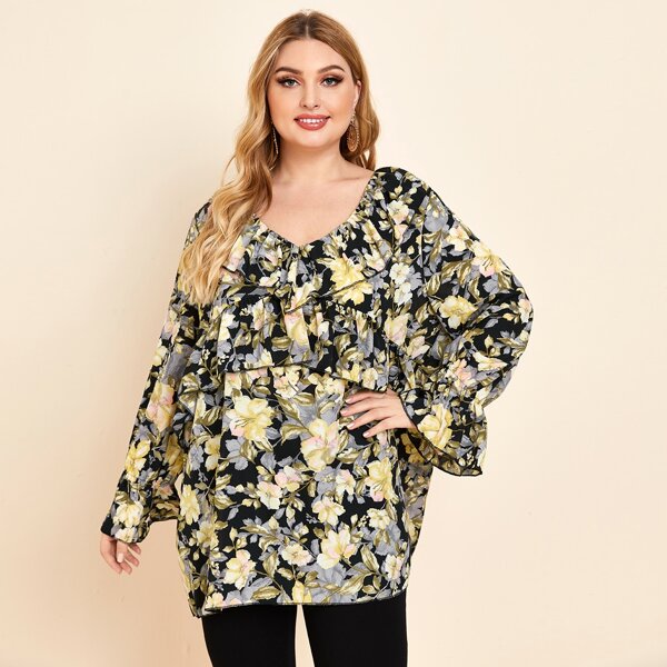 

Plus Allover Floral Ruffle Trim Top, Multicolor