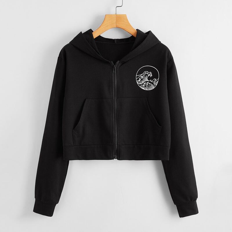 

Wave Graphic Zip Up Hooded Sweatshirt, Black