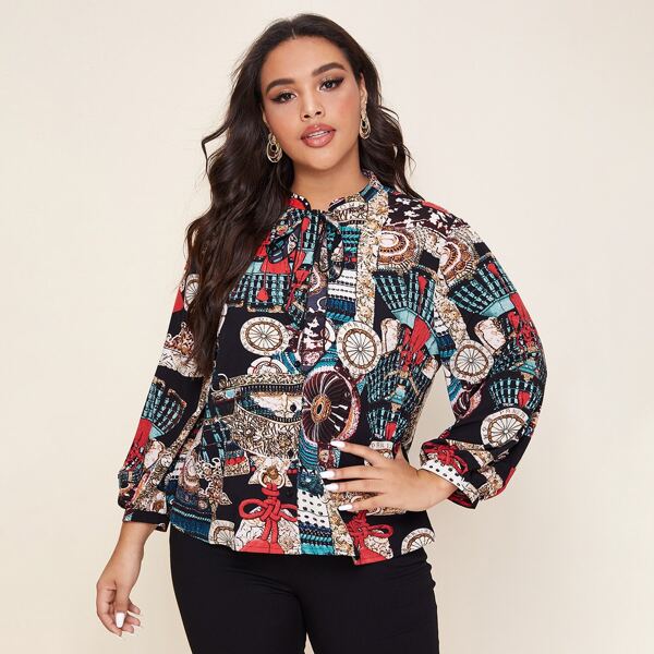 

Plus Tie Neck Button Front Graphic Blouse, Multicolor