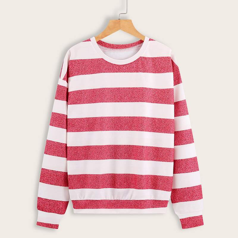 

Striped Drop Shoulder Sweatshirt, Red and white
