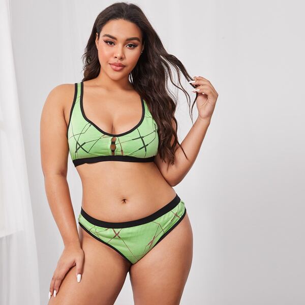 

Plus Contrast Mesh Cut-out Back Lingerie Set, Green