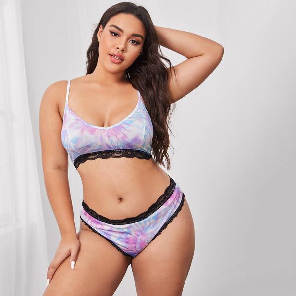 

Plus Tie Dye Lace Trim Lingerie Set, Multicolor
