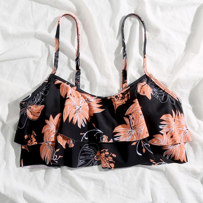 

Leaf Print Ruffle Bikini Top, Multicolor