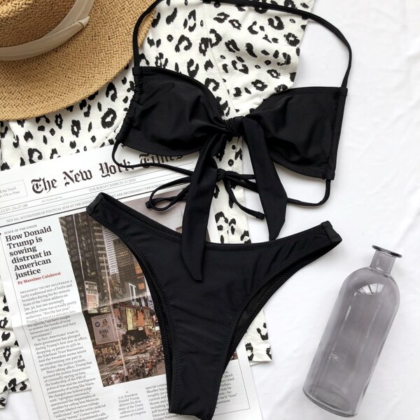 

Knot Front Halter Bikini Swimsuit, Black