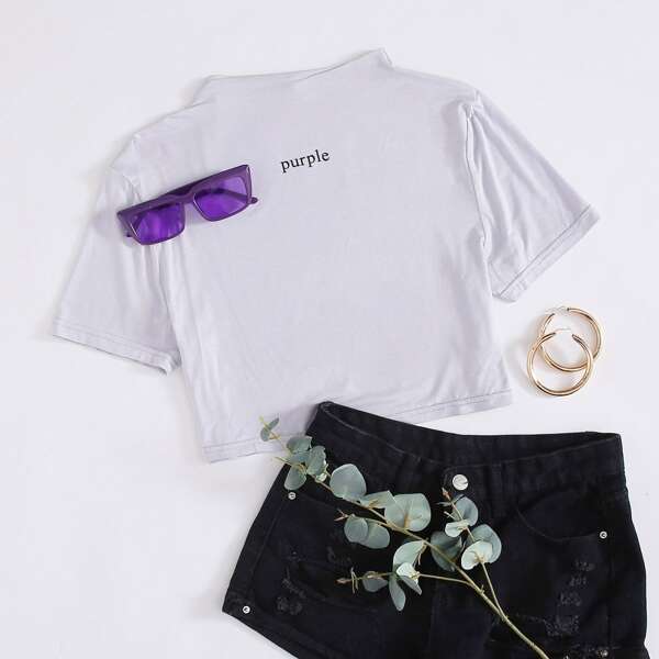 

Letter Graphic Mock Neck Cropped Tee, Pastel lilac purple