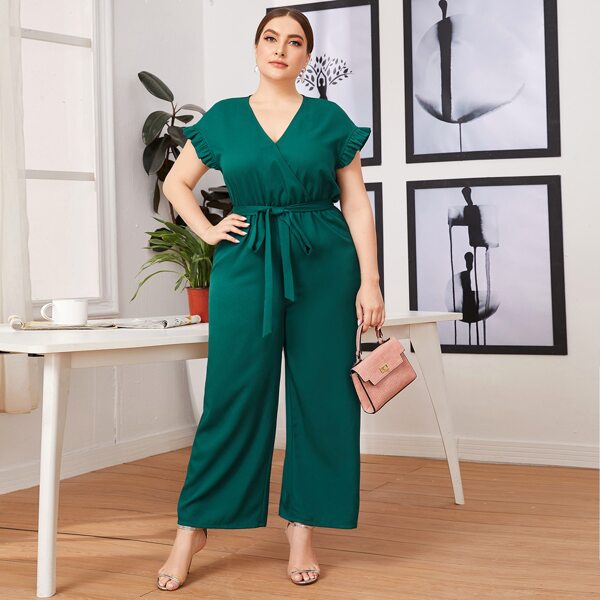 

Plus Surplice Neck Ruffle Trim Belted Jumpsuit, Dark green
