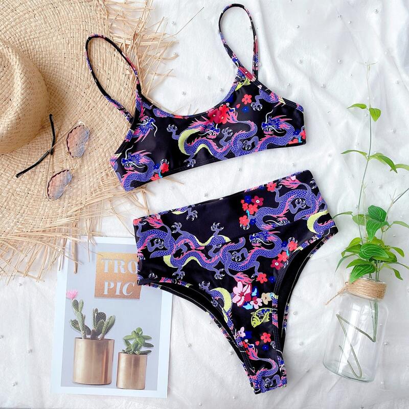 

Chinese Dragon Print High Waisted Bikini Swimsuit, Multicolor