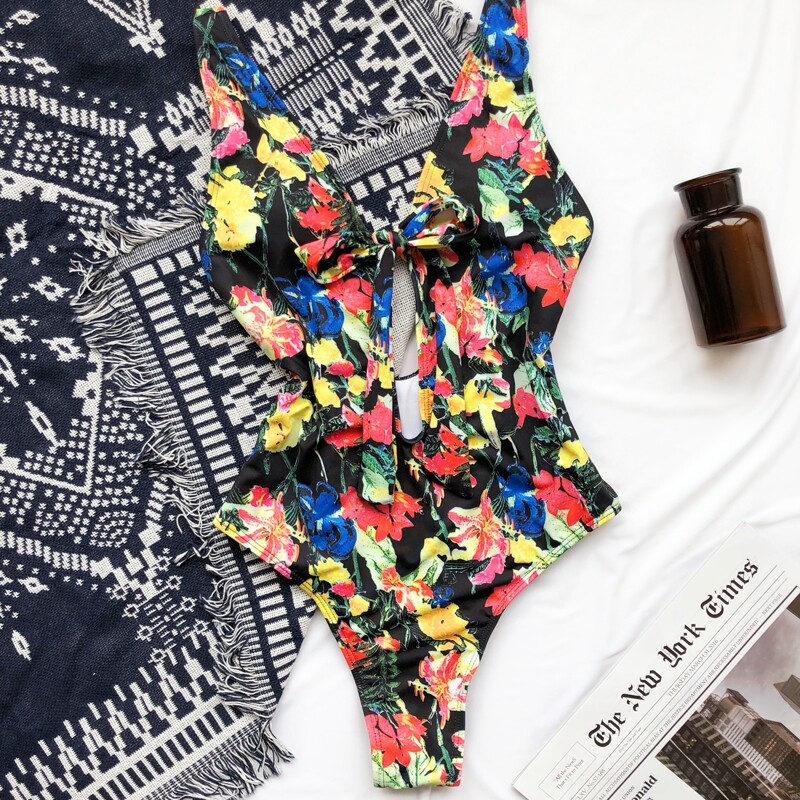 

Floral Tie Front Plunging One Piece Swimsuit, Multicolor