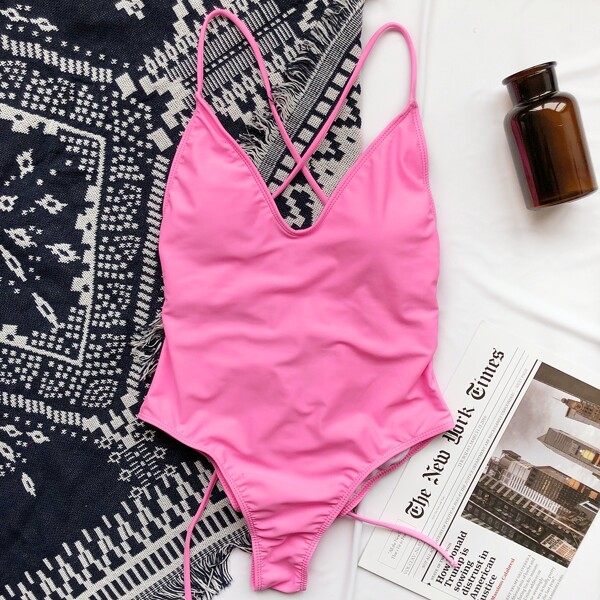 

Criss Cross Back Ruched One Piece Swimsuit, Pink