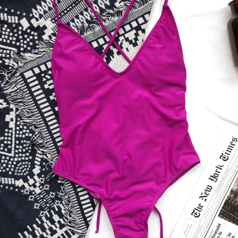 

Criss Cross Back Ruched One Piece Swimsuit, Red violet