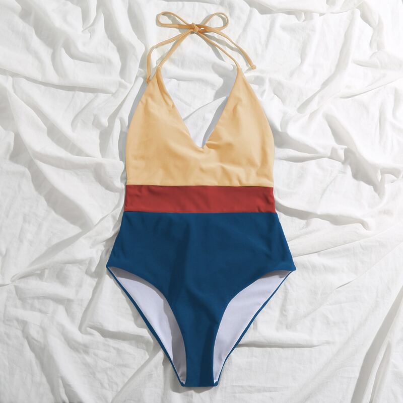 

Color Block Halter One Piece Swimsuit, Multicolor